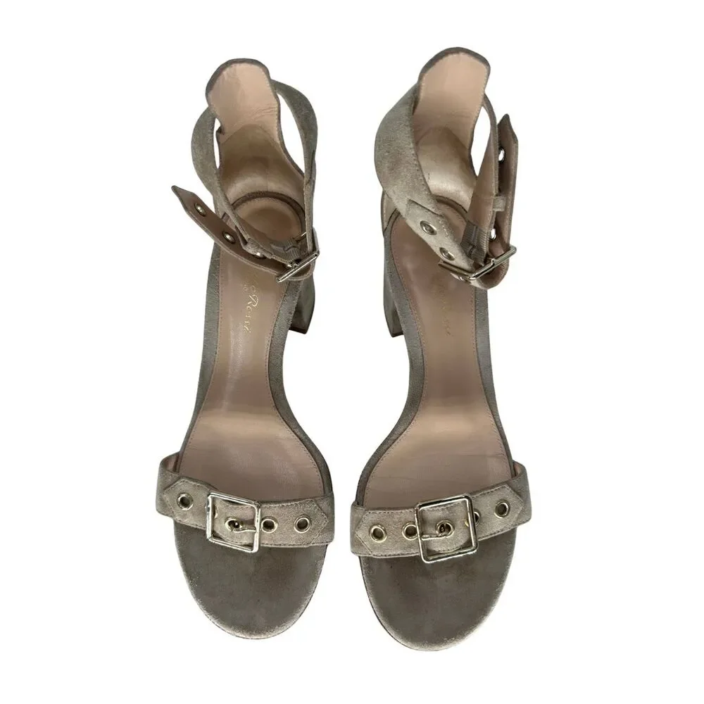 Gianvito Rossi Suede Hayes Buckle Accent Ankle Strap Sandals Women's Size 37.5